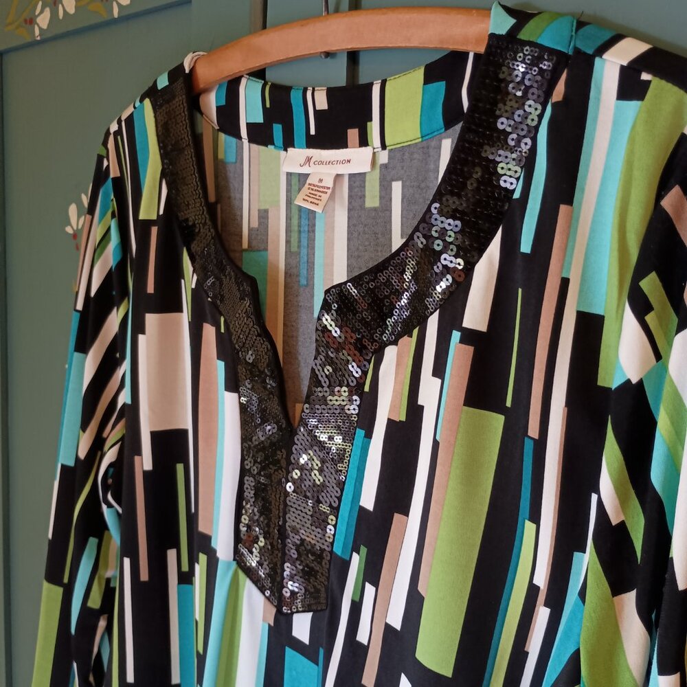 JM Collection Woman's Tunic Blouse w/ Sequined V-Neck Size M